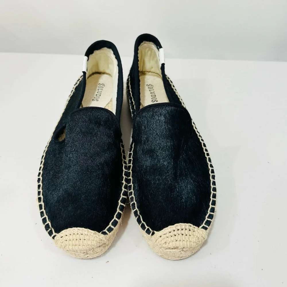 Soludos Leather Espadrille Platform Smoking Slipper Flat Size 8M‎ Black
